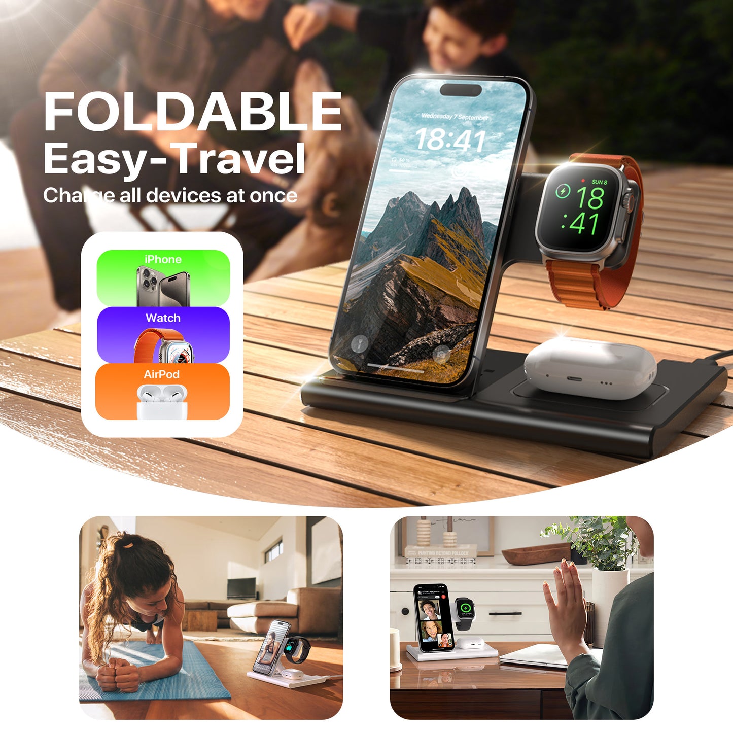 3 In 1 Wireless Charging Station For Multiple Devices 15W Fast Charging Stand