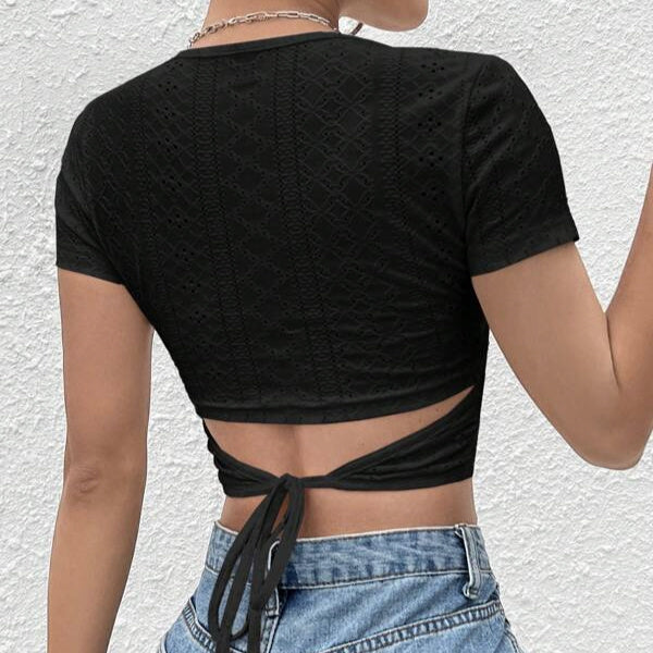 Ladies' Solid Color Fabric With Hollowed Out Patterns, Knitted Back And Tied Round Neck, Fashionable And Versatile, Showing Off Figure T-shirt Top